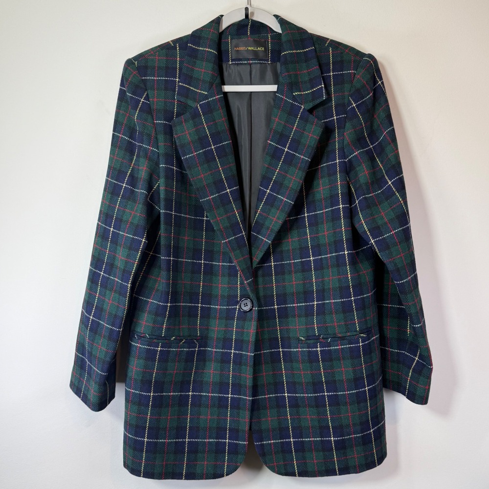 Excellent Harris Wallace Plaid Wool Blazer Women's 12 Green Vintage Core Tartan